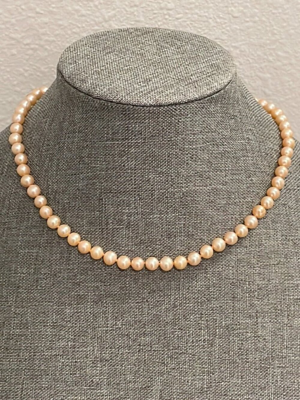 Peachy Pink Pearl Necklace with Gold Tone Clasp